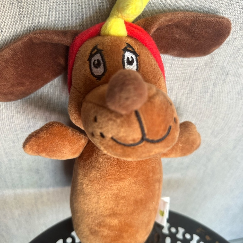 Brown Plush Dog Toy with Red and Yellow Hat